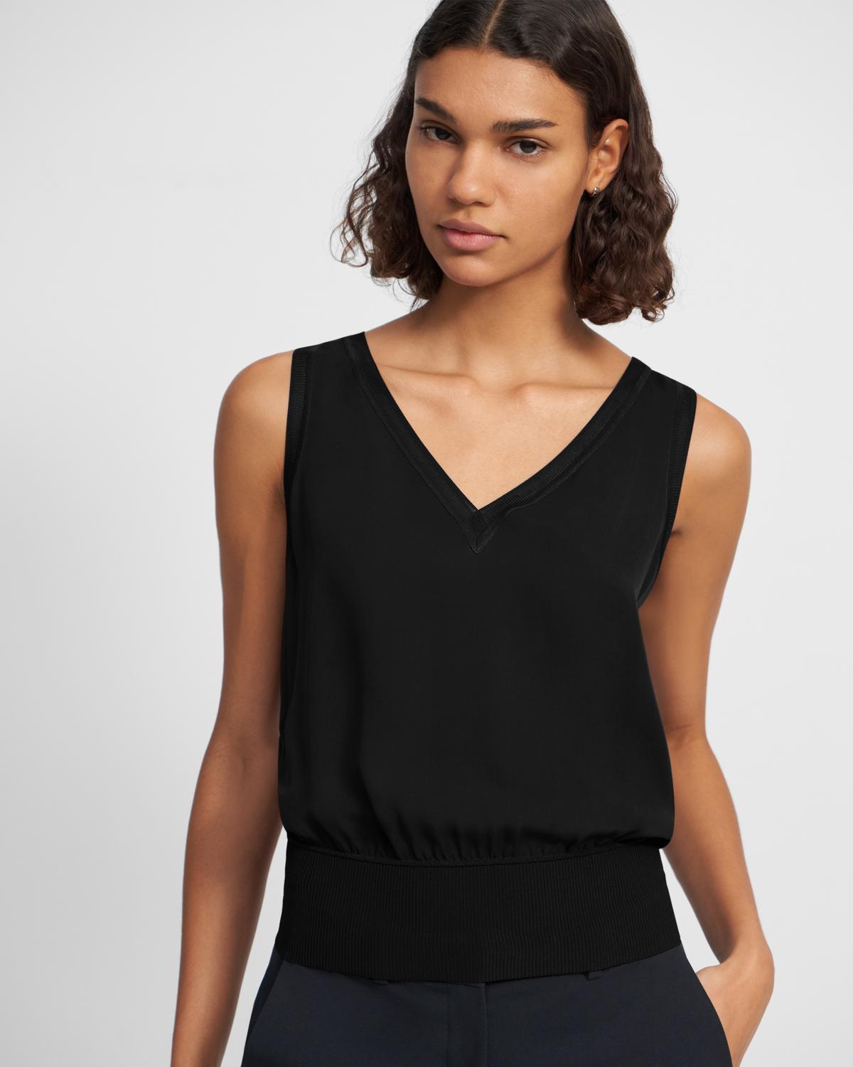 Theory Ribbed Trim V-Neck Tank Top In Silk