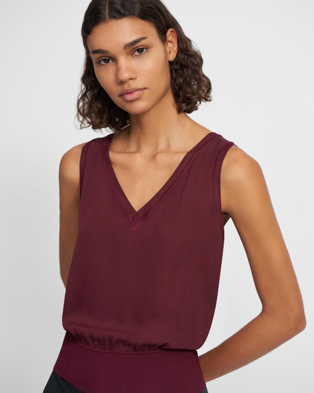 Theory Ribbed Trim V-Neck Tank Top In Silk