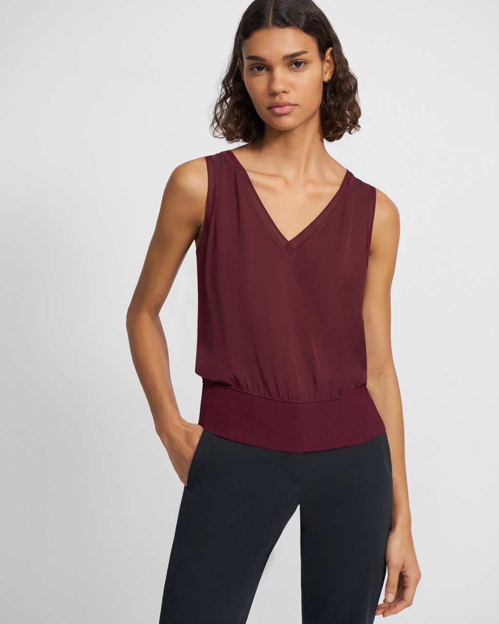 Theory Ribbed Trim V-Neck Tank Top In Silk