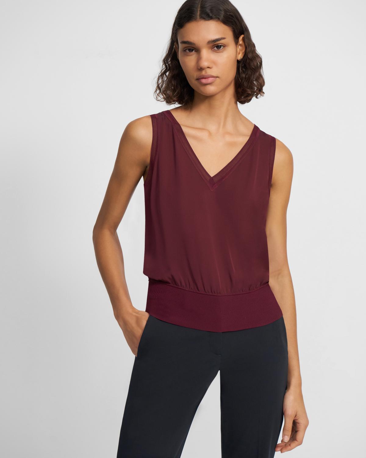 Theory Ribbed Trim V-Neck Tank Top In Silk