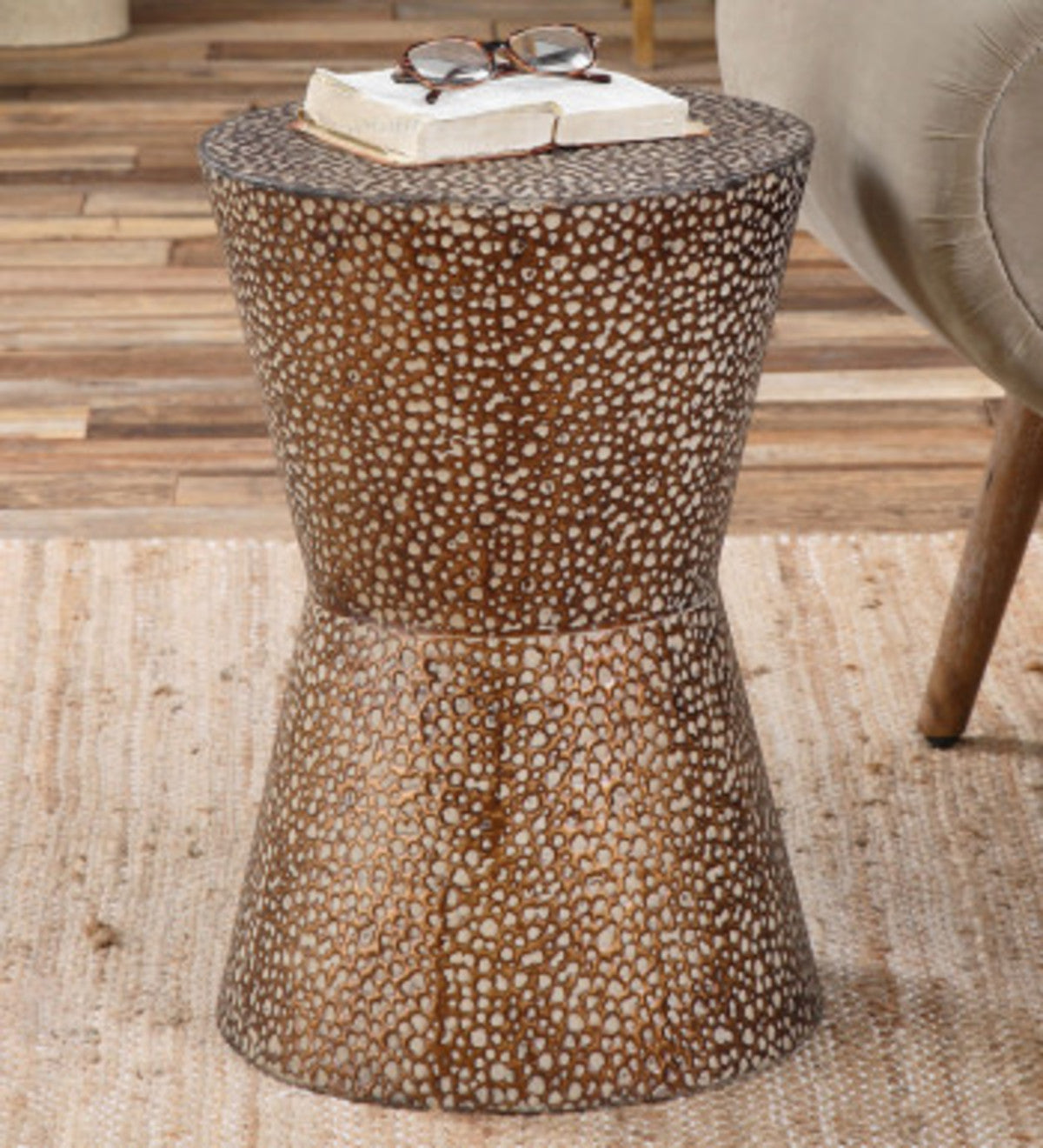 VivaTerra Antiqued Copper Finish Metal Drum Table