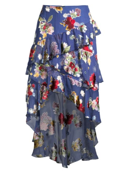Alice + Olivia Mariel Floral Asymmetric Tiered Ruffle High-Low Midi Skirt