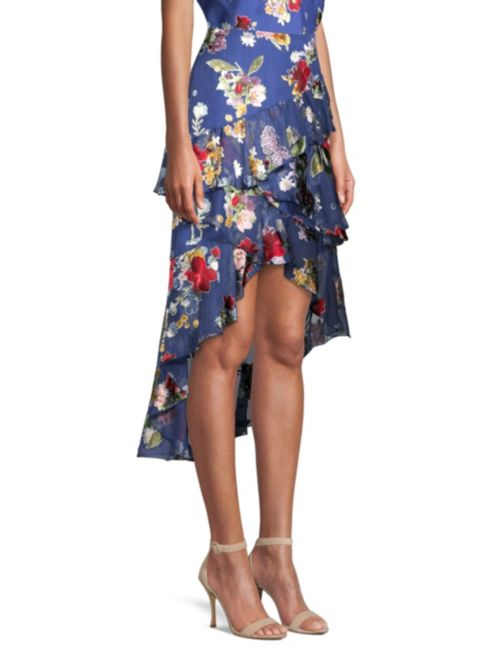 Alice + Olivia Mariel Floral Asymmetric Tiered Ruffle High-Low Midi Skirt