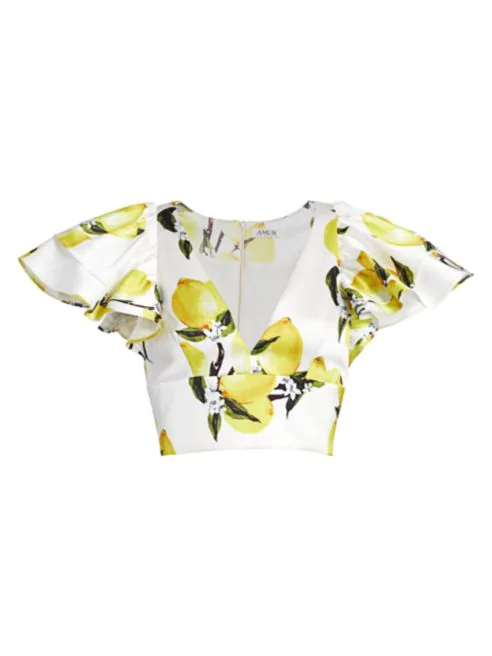 AMUR Ruffle-Sleeve Lemon Cropped Top