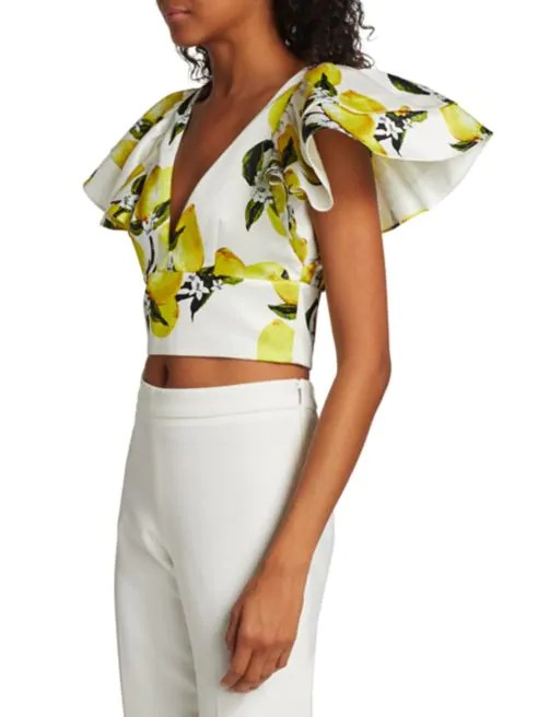 AMUR Ruffle-Sleeve Lemon Cropped Top