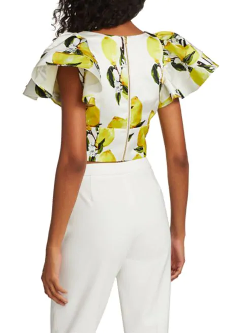 AMUR Ruffle-Sleeve Lemon Cropped Top