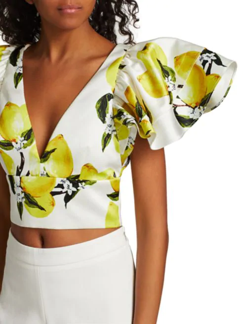 AMUR Ruffle-Sleeve Lemon Cropped Top
