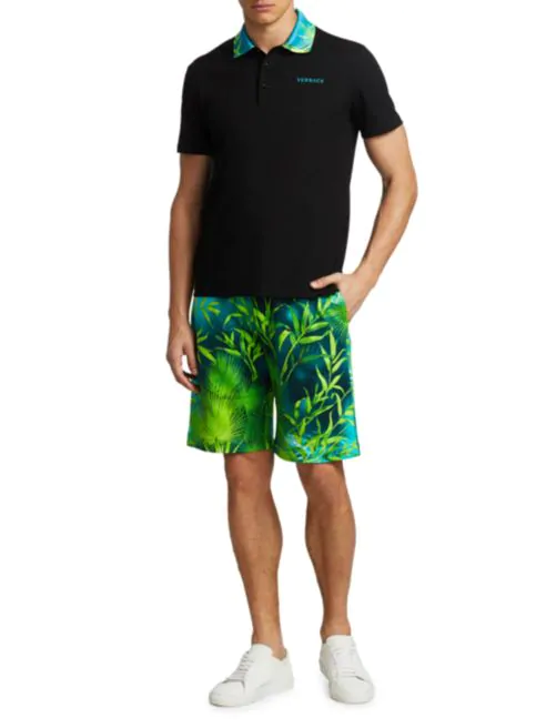 Versace Jungle-Print Collar Polo