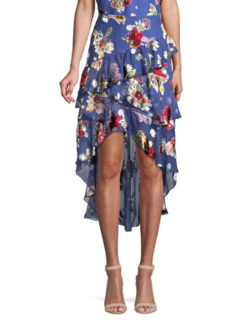 Alice + Olivia Mariel Floral Asymmetric Tiered Ruffle High-Low Midi Skirt